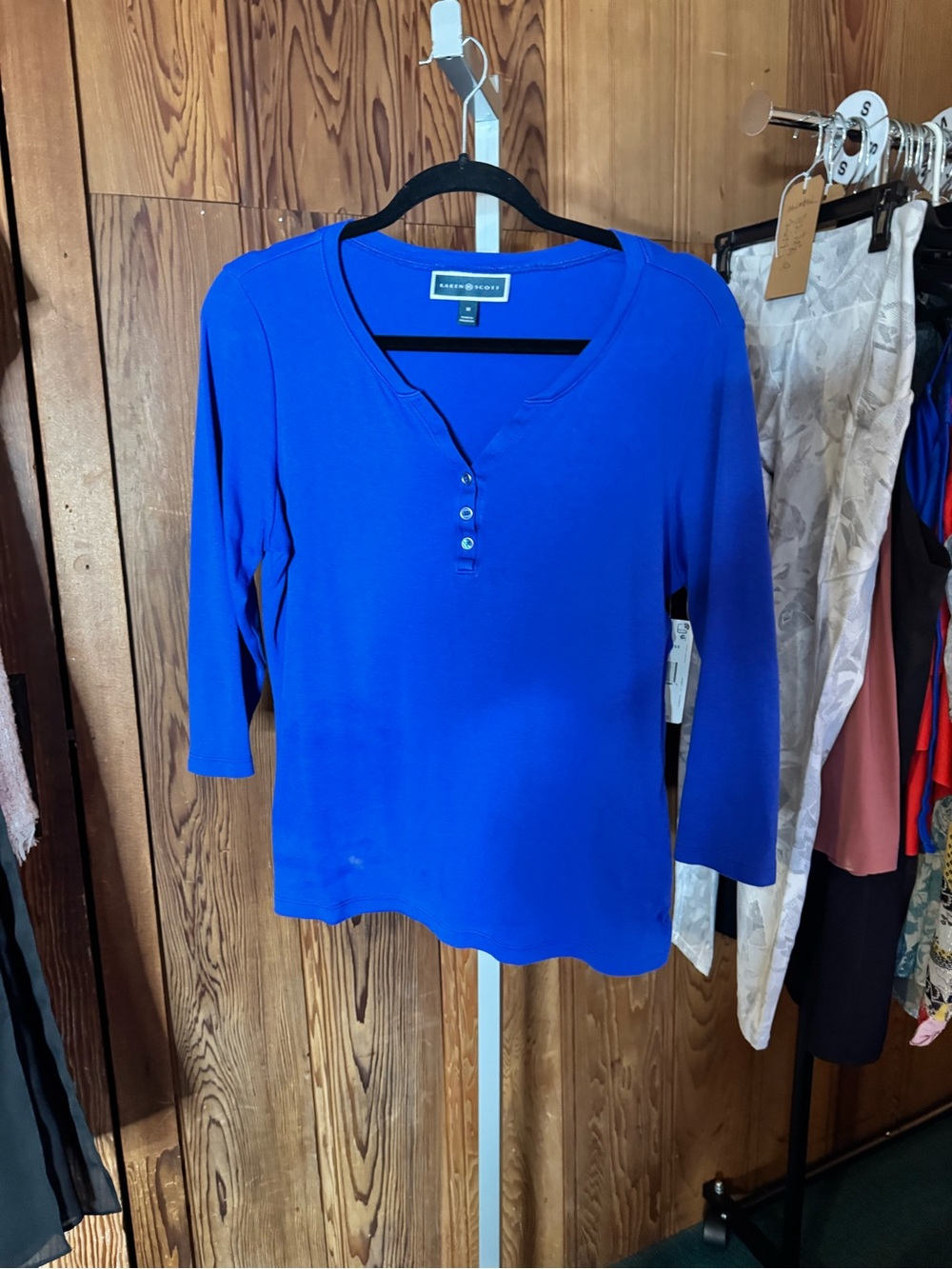 Karen Scott Royal Blue Henley Top 3/4 Sleeve Knit Tee - Picture 2 of 4